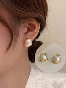 Topshiny 1 Pair Simple Asymmetrical Pearl Earrings Women, Elegant Fashion Accessories - 黃金 - 查看 6