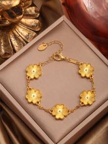 1件心形四叶草优雅女士手链，奢华百搭腕饰 - 金色 - 查看 4