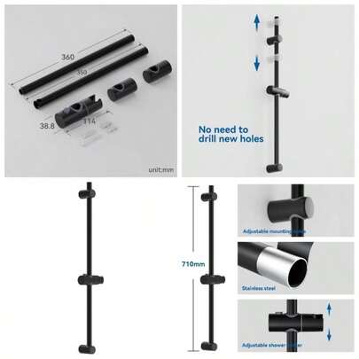 Black Shower Riser Rail, Stainless Steel, Electrophoretic+ Painted, Adjustable Riser, 360 Swivel Holder, Durable Wall - Mount, 70CM 22 Shower Pole Shower, ABS Brackets