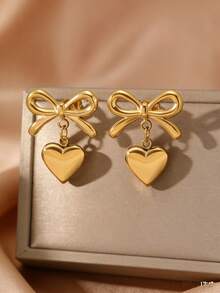 Pendientes colgantes con forma de corazón de acero inoxidable chapado en oro con estilo de lazo para uso diario de mujeres - corbata de moño - Ver 3