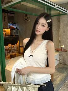 女士蕾丝吊带背心，性感无袖上衣，春季时尚叠穿单品 - 杏色 - 查看 2