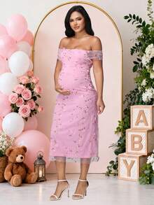 JustVH Robe de maternité à épaules ouvertes, en maille florale avec torsade à l'avant, sans manches, rose. Convient pour la baby shower, le mariage, les vacances de printemps/été - Rose bonbon - Voir 5
