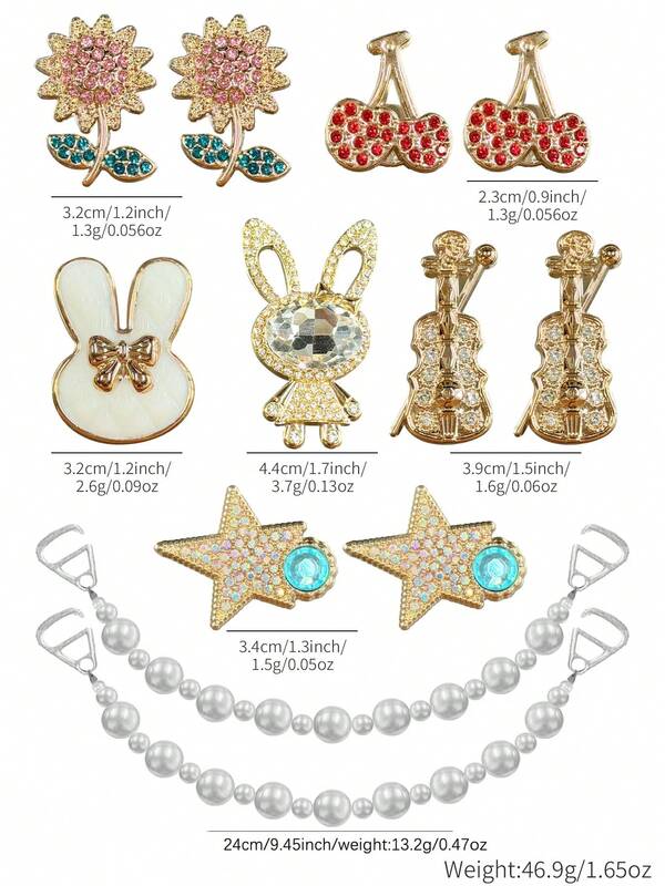 12pcs Gold Tone Rabbit Violin Hole Shoes Charms, Rhinestone Decor, Sweet Girl Style Shoe Clips Suitable For Hole Shoes