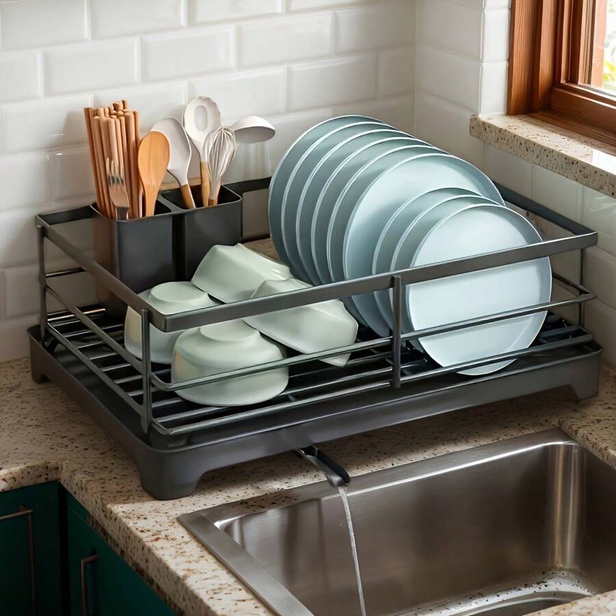 1pc Space-Saving Black PP Material Dish Rack With Drainage Holes, Moisture-Proof And Easy To Clean Multifunctional Kitchen Storage Rack, Suitable For Plates, Cutlery, Etc., Modern And Practical Kitchen Supplies, Dish Drying Rack, Kitchen Utensils.
