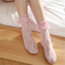 1 Pair Women's Lace Mid-Calf Socks With Ruffle, Elastic Hollow-Out Net Design, Lolita Style Kawaii Socks - Multicolor - View 7