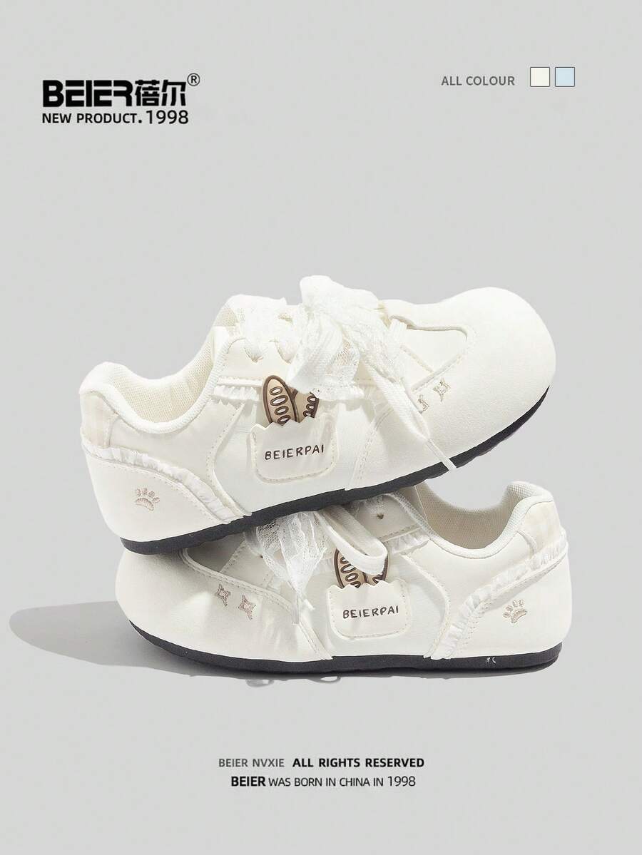BEIER 休闲运动鞋，新款时尚百搭圆头平底系带滑板鞋，女士款 - 米色 - 查看 1