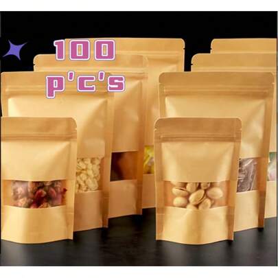 100 túi giấy Kraft đứng có cửa sổ, kích thước 5,91" x 8,66", có thể đóng mở lại dễ dàng bằng cách xé, thích hợp cho các doanh nghiệp nhỏ và sử dụng trong gia đình, túi đựng mẫu cà phê, túi đựng thực phẩm, túi có thể niêm phong dùng cho gia đình và văn phòng.