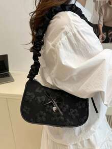 Tas Bahu Motif Botani Baru Warna Polos yang Modis dan Serbaguna, Tas Persegi Kecil Baguette Minimalis Kasual untuk Wanita - Hitam - View 3