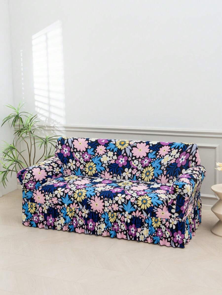 1 buah Kain Sutra Susu Anti Selip Elastis Penutup Rok Sofa Dekoratif, Motif Bulu & Daun Tercetak, Warna-warna Cerah, Ramah Hewan Peliharaan, Anti Debu, Tersedia dalam Ukuran 1/2/3/4 Dudukan, Cocok untuk Semua Musim