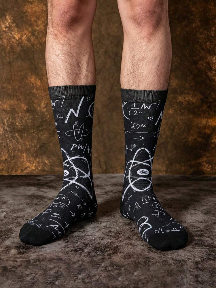 1/3 Pairs Science Knowledge Doodle Pattern Mid-Calf Socks, Men's Mid-Calf Socks, Creative & For Summer - Multicolor - View 7