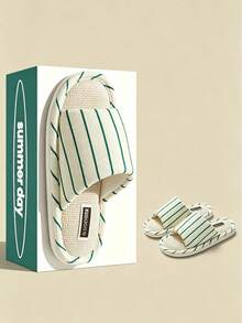 Zapatillas de lino con estampado de rayas minimalista japonés para parejas, sandalias interiores con suela suave de 3 cm, absorbentes y transpirables, ideales para primavera y otoño - Blanco y verde - Ver 3