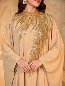 SUPGIR Women's Stand Collar Batwing Sleeve Sequin Patchwork Silk Satin Elegant Fitted Evening Dress Spring - Champagne - View 6