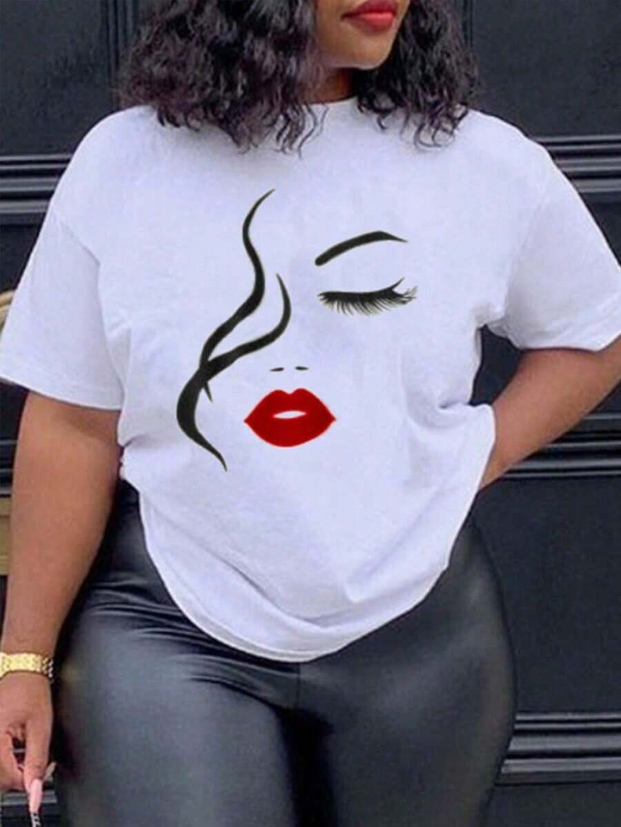 Oversized Short Sleeve T-Shirt With Portrait Print, Casual Summer Graphic Tees For Women, Summer Outfit For Ladies - Blanc - View 1