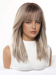 16 Inch Medium Straight Synthetic Hair Wig For Women, Ombre Gray-Brown To Golden Gradient Highlights, With Air Bangs, Heat Resistant, Layered Style, Natural For Daily Wear & Party - Multicolor - View 4
