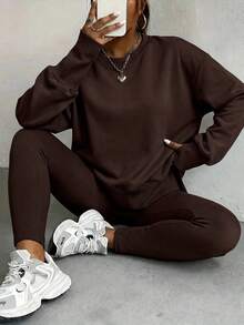 Women's Solid Color Oversized Two Piece Active Wear Set, Loose Fit Crewneck Sweatshirt & Butt Lifting Leggings, Casual Athleisure Outfit For Outdoor, Home, Workout, Yoga & Pilates, Suitable For Teens, Youth & Adults, Minimalist Fashion Athletic Sets Women (Spring & Summer Style) - Nâu (Phiên bản nâng cấp) - Xem 1