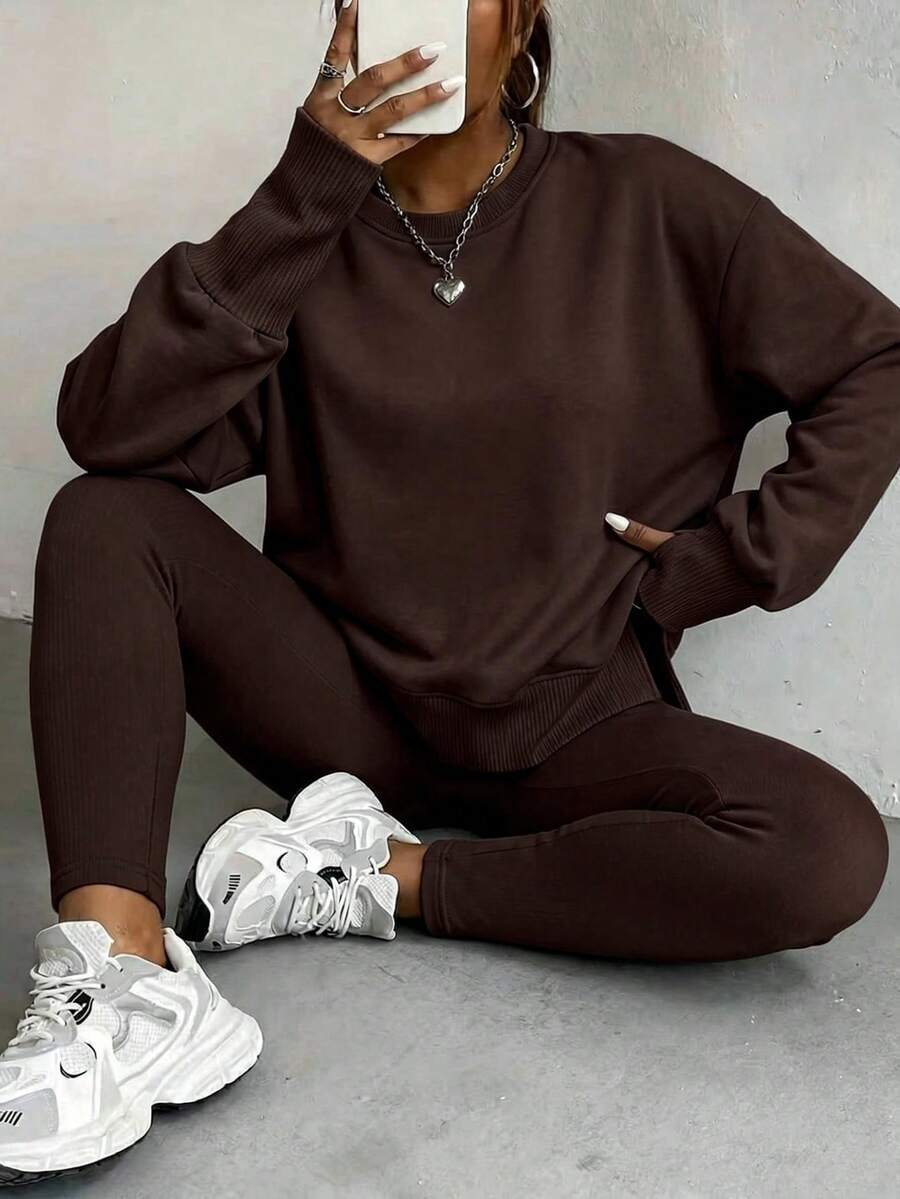 Women's Solid Color Oversized Two Piece Active Wear Set, Loose Fit Crewneck Sweatshirt & Butt Lifting Leggings, Casual Athleisure Outfit For Outdoor, Home, Workout, Yoga & Pilates, Suitable For Teens, Youth & Adults, Minimalist Fashion Athletic Sets Women (Spring & Summer Style) - Nâu (Phiên bản nâng cấp) - Xem 1