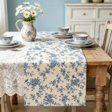 1 pieza Camino de mesa estilo bohemio con impresión retro de rosa azul, hecho de poliéster, camino de mesa rectangular con flores azules en estilo bohemio, mantel individual de tela, decoración de mesa de cocina vintage y estacional, adecuado para decoración del hogar y fiestas - Azul - Ver 2