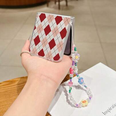 1PC Fashion Matte PC Material Simple And Cute Two Tone Diamond Grid Element Folding Phone Case, Paired With Same Color Bracelet, Can Protect And Prevent Falling For: SamsungGalaxy Zflip 3/Zflip 4/Zflip 5/Zflip 6/Zflip 7/ Find N3 Flip/ Razr 50 Ultra/ Razr 60 Ultra/ Razr 60/XiaomiMIX Flip/Galaxy Z Flip7 FE