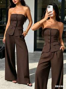 Strapless Bustier Set With Wide Leg Pants - Elegant Style For Women - Coffee Brown - View 5