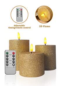 3 pièces Bougies piliers sans flamme avec minuterie et télécommande, bougies à paillettes dorées fonctionnant à piles, convient pour Noël, Halloween, Fête des Mères, Saint-Valentin, table à manger, demande en mariage, anniversaire - or - Voir 11