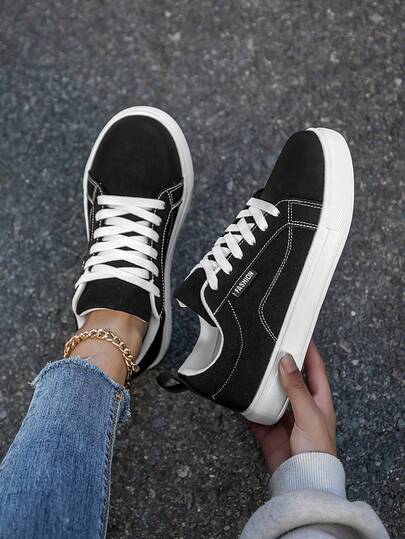 Women's Solid Color Canvas Patchwork Lace-Up Flat Casual Skateboard Shoes, Black Versatile Daily Street Wear Comfortable Unisex Leisure Sports Sneakers