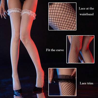 1 Pair Ruffle Trim Thigh High Fishnet Stockings, Sexy Black Mesh Stockings For Party & Daily Wear