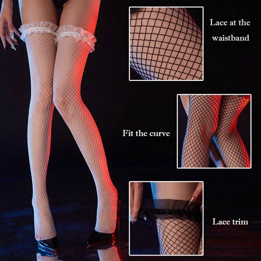 1 đôi tất lưới cao đến đùi có viền bèo nhún, tất lưới màu đen gợi cảm cho tiệc tùng và mặc hàng ngày. - Nhiều màu - Xem 1