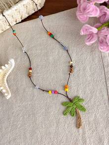 1pc Beaded Coconut Tree Necklace, Vacation Beach Style Dainty Layered Choker Necklace, Unique Design Versatile Clavicle Chain Accessory - Pendant Necklace - View 8