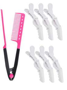 1pc Flat Straightening Comb Salon Hair Brush Comb Hairdressing Styling Straightener V-Shaped Straight Straightener 6pcsPack Alligator Hair Clips For Styling Sectioning Large Salon Pro Hair Clips For Barber Clips For Hair Coloring - Multicolor - View 3