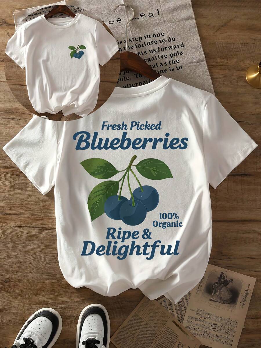 2026 New Fashion Double-Sided Printed T-Shirt With Blueberry And Green Leaf Pattern, Short-Sleeve Round-Neck Casual Top, Suitable For Spring And Summer Daily Wear, Women's Clothing, Soft And Breathable Fabric, Printed Shirt, Adult Size, Fashionable Women's Casual Wear For Beach Travel And Daily Outings - 白色 - 查看 1