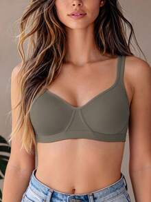 1pc Women's Comfortable Wireless Soft Cup Seamless Solid Color Bra - Army Green - View 4