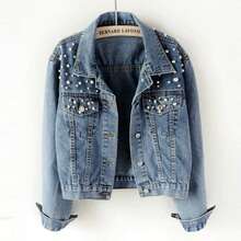 Jaket Denim Kasual Wanita dengan Dekorasi Mutiara untuk Musim Semi - Light Wash - View 7