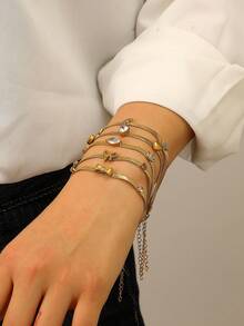 1件简约时尚夸张奢华不锈钢多元素花朵、星星、月亮、蝴蝶、心形镶嵌立方氧化锆蛇骨链手链，适合女士日常休闲佩戴，精致优雅百搭 - 彩色 - 查看 10