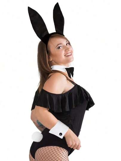 Bộ 4 phụ kiện gồm băng đô tai thỏ, bộ trang phục thỏ cho nữ, đuôi bông, nơ, bộ đồ thỏ gợi cảm, băng đô tai thỏ, trang phục cosplay, phụ kiện cosplay cô gái thỏ.