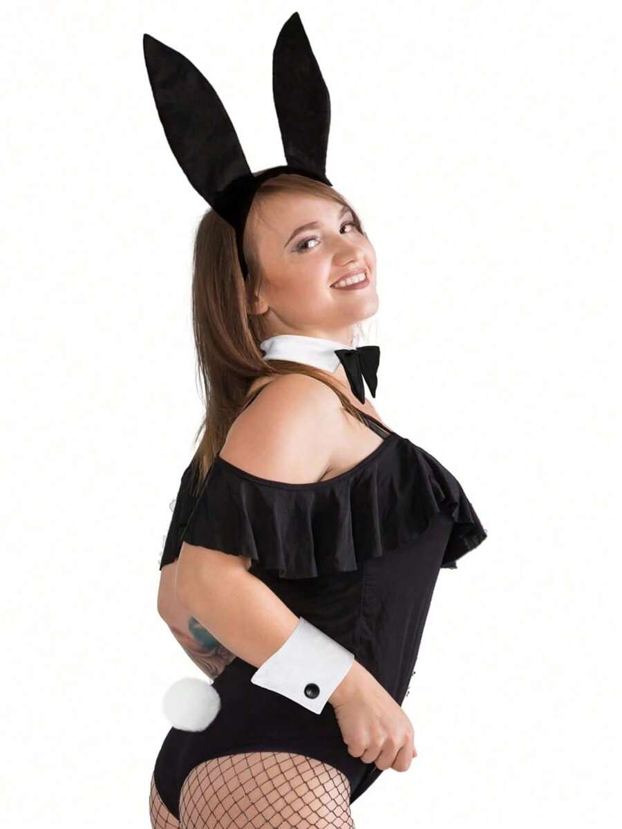 4件套兔耳朵头箍，女士兔女郎服装套装，带绒球尾巴、领结，性感兔女郎套装，兔耳朵头箍，角色扮演服装，兔女郎角色扮演道具 - 彩色 - 查看 1