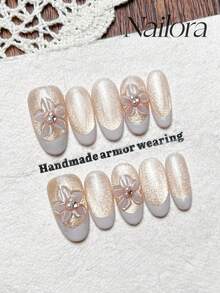 10pcs Handmade Nails Oval Nails Acrylic Press On Nails Medium Nails, Gentle Champagne Nails, Flashy Cateye, White French Tip Nails, Handpainted 3D Carved Flower, Nail Gems Pearl Inlaid, Simple Elegant Luxury Spring Nails, Homemade Press On Nails, Versatile Nails DIY False Nail Art Party Daily & Dating Suitable Use In Work Setting Reusable, For Women & Girls As Gift Nail Supplies - Multicolor - View 3