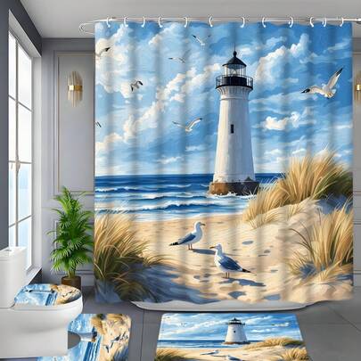 4pcs Romantic Beach Bathroom Set, Including Waterproof Woven Curtain, Machine Washable, With Hooks And Accessories, Easy Installation - Fashionable Decor For All Seasons
