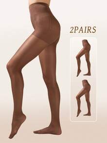 2 Pairs Plus Size Women's 20D Solid Color Pantyhose, Breathable Soft Leggings, Basic Comfortable Tights For Daily Wear - Coffee Brown - View 8