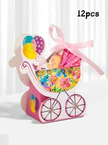 12pcs Cartoon Baby Stroller Shaped Gift Boxes, Thickened Cardboard With Ribbon Decor, Suitable For Newborn Welcoming Party, Gender Reveal Party - Multicolor - View 8
