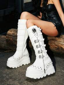 Botas góticas Gothniero para mujer, botas de media pantorrilla con tacón hasta la rodilla, botas de plataforma góticas con remaches punk de tacón grueso de invierno, calzado para exteriores para todas las estaciones - Blanco - Ver 2