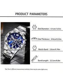Bộ 4 món đồng hồ nam thời trang công sở, đồng hồ mặt tròn lớn, dây thép không gỉ, máy quartz, bao gồm vòng tay cá nhân hóa, dây chuyền mặt thánh giá và nhẫn, thích hợp làm quà tặng cho nam giới, phù hợp cho các dịp lễ, công sở, tiệc tùng và đeo hàng ngày. - Bạc - Xem 6