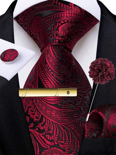 男士酒红色彩色提花领带套装 - 包括配套口袋巾、袖扣和金色领带夹，优雅正式商务领带
