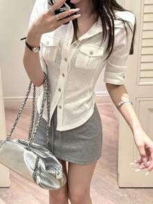 Áo croptop gợi cảm, áo sơ mi co giãn tiện dụng cho nữ, áo kiểu trắng đa năng. - trắng - Xem 3