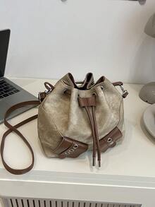 Bolso de cubo mini con cordón para mujer, bolso de hombro acolchado casual para exteriores - Caqui - Ver 5