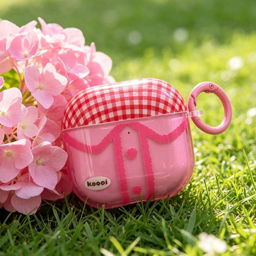 Translucent Pink Plaid Graffiti Clothing With Hanging Ring Earphone Case Suitable Compatible With AirPods Pro 2, Cute Minimalist Design Compatible With AirPods Pro, 3, 1/2 For Women