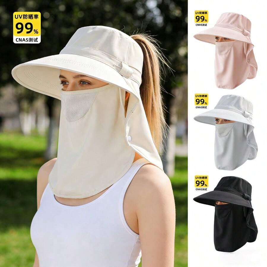 1 chiếc mũ rộng vành che phủ toàn diện cho nữ, mũ chống nắng ngoài trời, bảo vệ mặt khỏi tia UV và che cổ, mũ thường ngày, màu trơn - Be - Xem 1