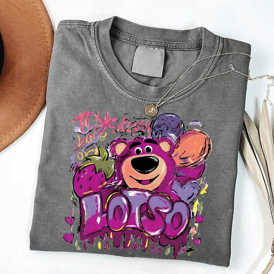 Disney Toy Story  Bear Graffiti Vintage Washed Black Oversized Cotton T-Shirt, Cute Retro Loose Fit Tee For Women Men, Perfect For Disney Fans, Daily Wear & Gift - 灰色 - 查看 1