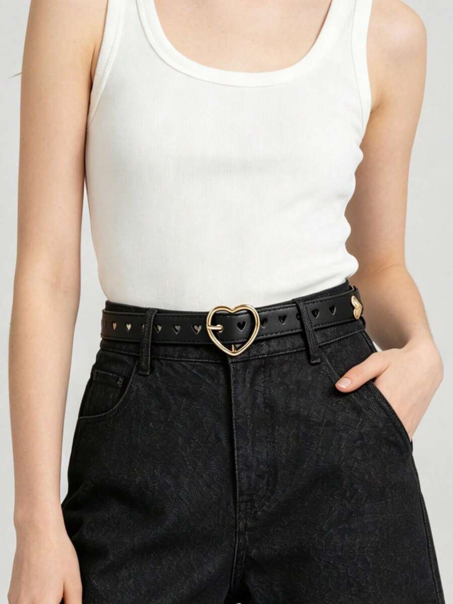 1pc Women's Fashion High-End Belt, New Heart-Shaped Hollow Versatile Waist Rope PU Pin Buckle Leather Belt, Popular INS Style - Heart-shaped Cutout - View 1