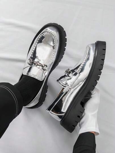 欧美风亮金色厚底乐福鞋，男士银色搭扣增高一脚蹬鞋，跨境流行款