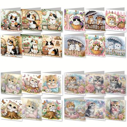 1pc/4pcs DIY Diamond Painting Greeting Card Kit, Animal Theme, Cat & Flower Pattern, Diamond Art Mosaic Postcard, Suitable For Thank You, Birthday, Warm Wishes, Best Wishes, Family, Friends, Lover Party Invitation, Handmade Gift Set With Envelope